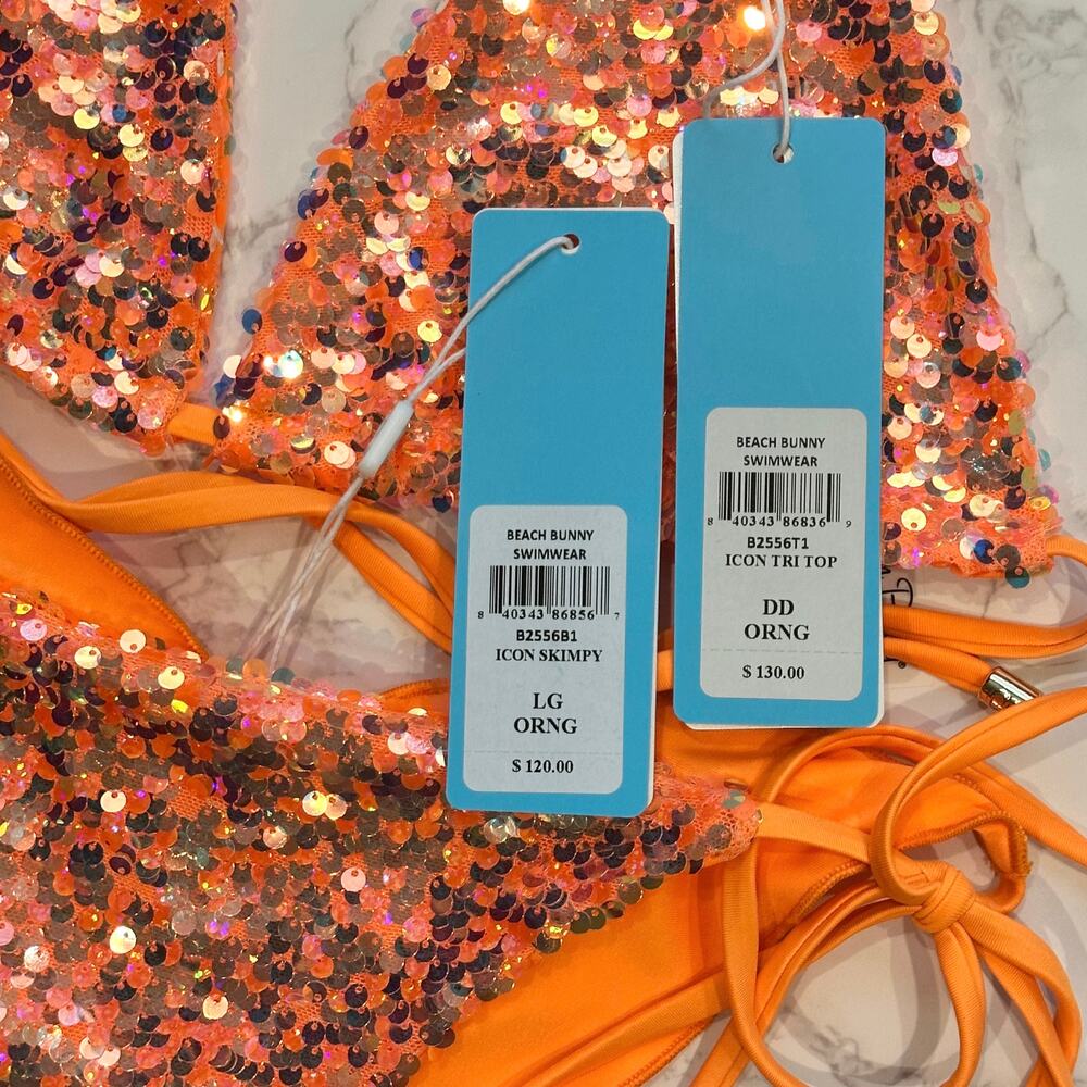 Beach Bunny Orange Icon Triangle Top DD & Icon L Tie Side Skimpy Bottom M $250 - Picture 14 of 14